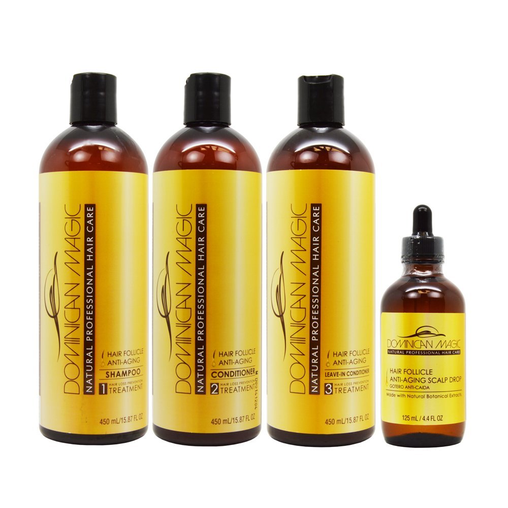 Dominican Magic Anti-Aging Hair Care Set  Shampoo, Conditioner, Leave-In (16oz) & Hair Growth Drops (4oz) | Strengthens, Hydrates & Restores Thinning, Dry & Aging Hair