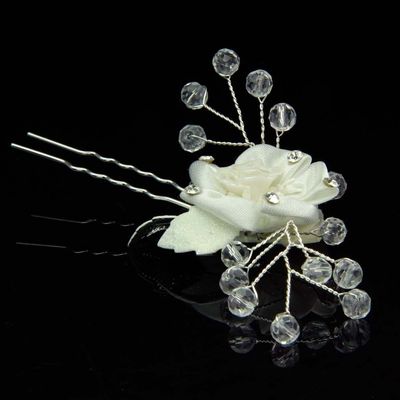 1 White Fabric Flower With Rhinestones And Beads Bridal Wedding Hair Pin
