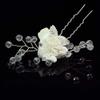 1 White Fabric Flower With Rhinestones And Beads Bridal Wedding Hair Pin view 2