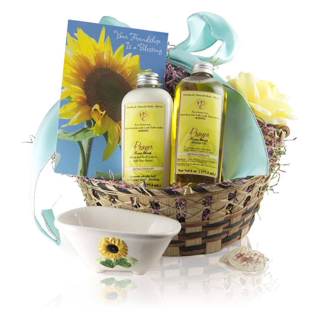 Castle Baths - Gift Basket with Fruity Floral Lavender Bergamot Rose Pink Grapefruit Scented Aromatherapy Massage Oil & Luxury Hand and Body Lotion with Organic Shea Butter