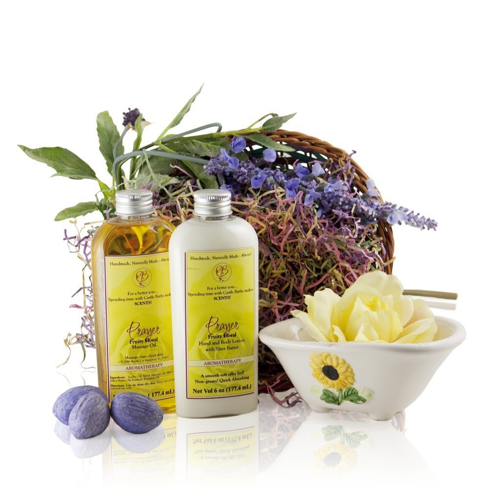 Castle Baths - Gift Basket with Balancing Natural Massage Oil & Luxury Hand and Body Lotion with Organic Shea Butter - Fruity Floral Balancing Lavender, Bergamot, Rose, Grapefruit Aromatherapy Scent