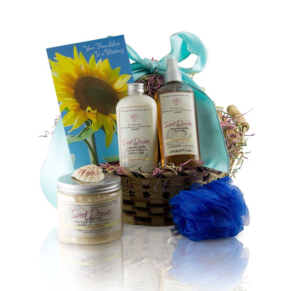 Castle Baths - Friendship Gift Basket with Handmade Natural Luxury Sweet Dreams Soothing Vanilla Lavender Aromatherapy Bath and Spa Products for The Soul