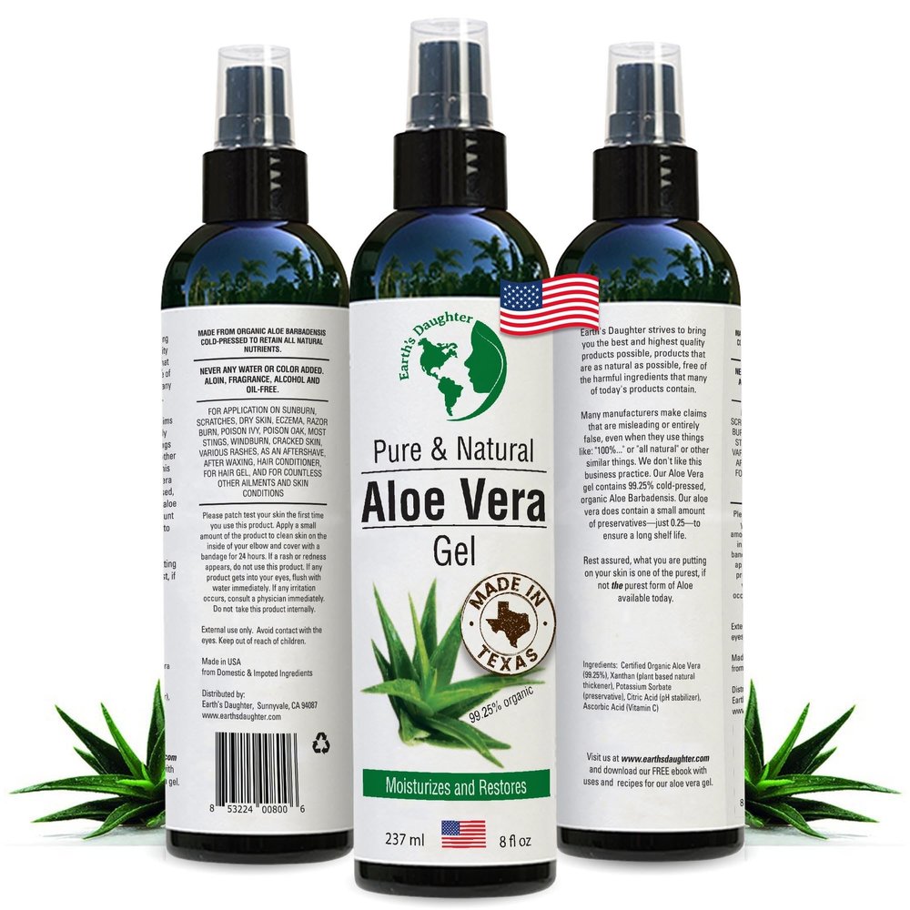 Earths Daughter Organic Aloe Vera Gel from Fresh Cut 100% Pure Organic Aloe leaves  Fast Absorbing for Face, Skin, Hair & Body  Vegan, Unscented, Natural - 8 Oz USA Made