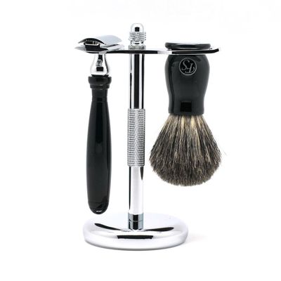 3 In 1 Shaving Set Kit Badger Hair Shaving Brush DE Safety Razor and Metal Stand