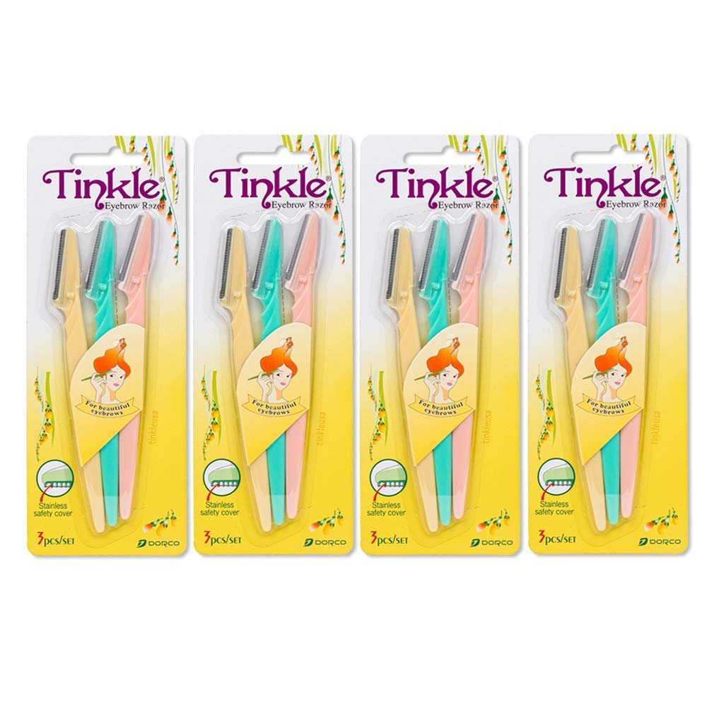 Tinkle Dermaplaning Tool 12ct, Dermaplane Razor for Women, Safe and Easy Peach Fuzz Remover, Eyebrow Trimmer with Protective Cover (4 Packs of 3)
