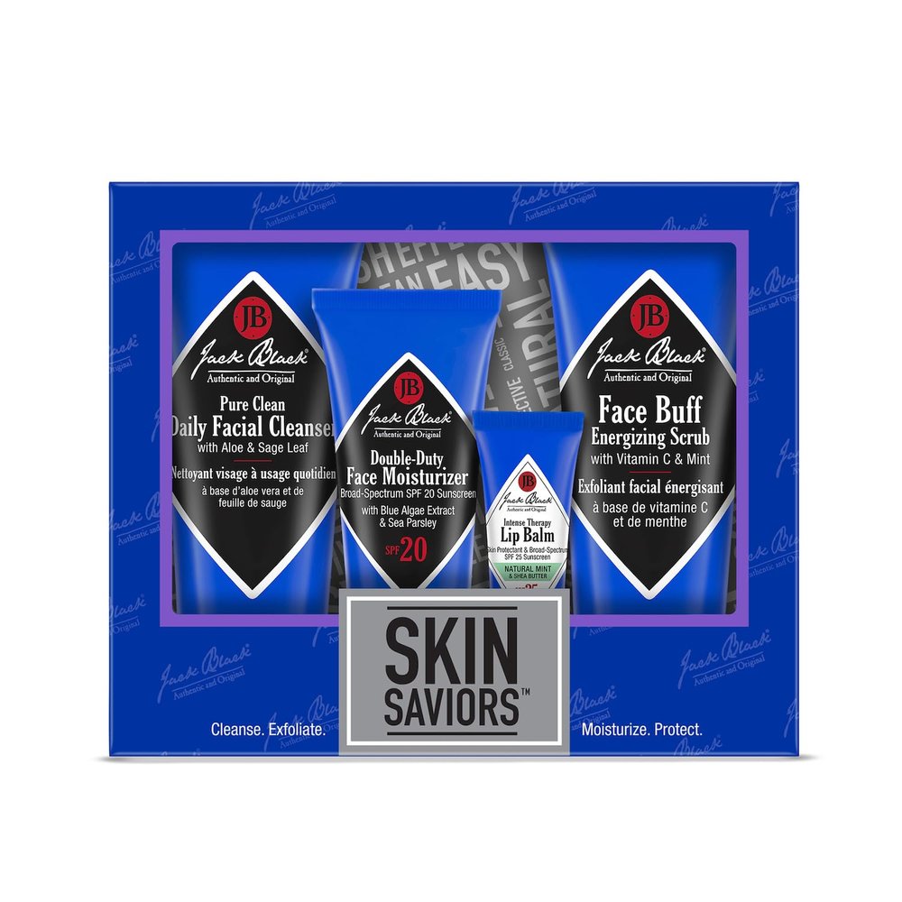 Jack Black Skin Saviors Set for Men Face Scrub, Facial Cleanser, Face Moisturizer, Lip Balm, Mens Skin Care Kit, Men's Skincare Gift Set