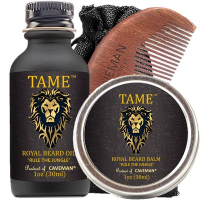 Beard Oil Conditioner 3-in-1 Set by Caveman - Tame and Strengthen with Beard oil and Moisturize with Beard Balm - Smooth and Finish with Beard comb