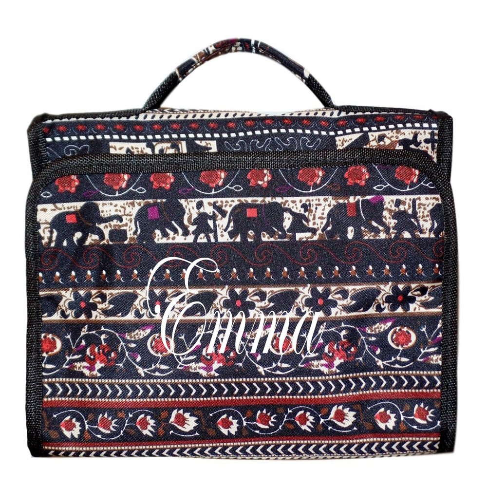 101 BEACH Hanging Toiletry Cosmetic Organizer Bag - Roll up for Storage Travel - Custom Embroidery Available (Elephant Tapestry - Embroidered Name)