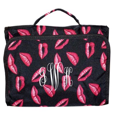 101 BEACH Hanging Toiletry Cosmetic Organizer Bag - Roll up for Storage Travel - Custom Embroidery Available (Lips Print - Embroidered Monogram)