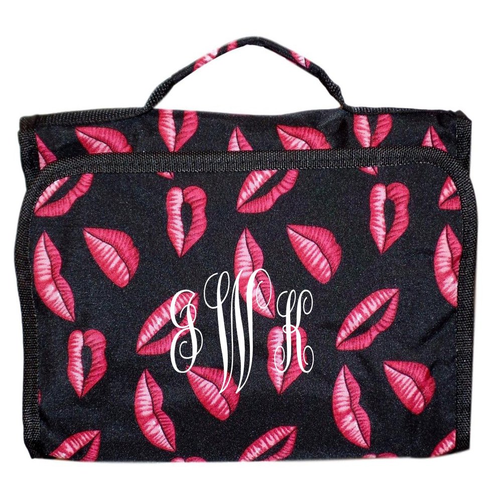 101 BEACH Hanging Toiletry Cosmetic Organizer Bag - Roll up for Storage Travel - Custom Embroidery Available (Lips Print - Embroidered Monogram)