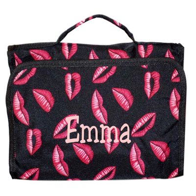 101 BEACH Hanging Toiletry Cosmetic Organizer Bag - Roll up for Storage Travel - Custom Embroidery Available (Lips Print - Embroidered Name)