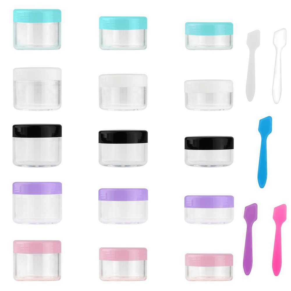 Accmor 15 Pieces Empty Clear Plastic Sample Containers with Lids 10/15/ 20 Gram Size Cosmetic Pots Jars with 5 Pieces Mini Spatulas
