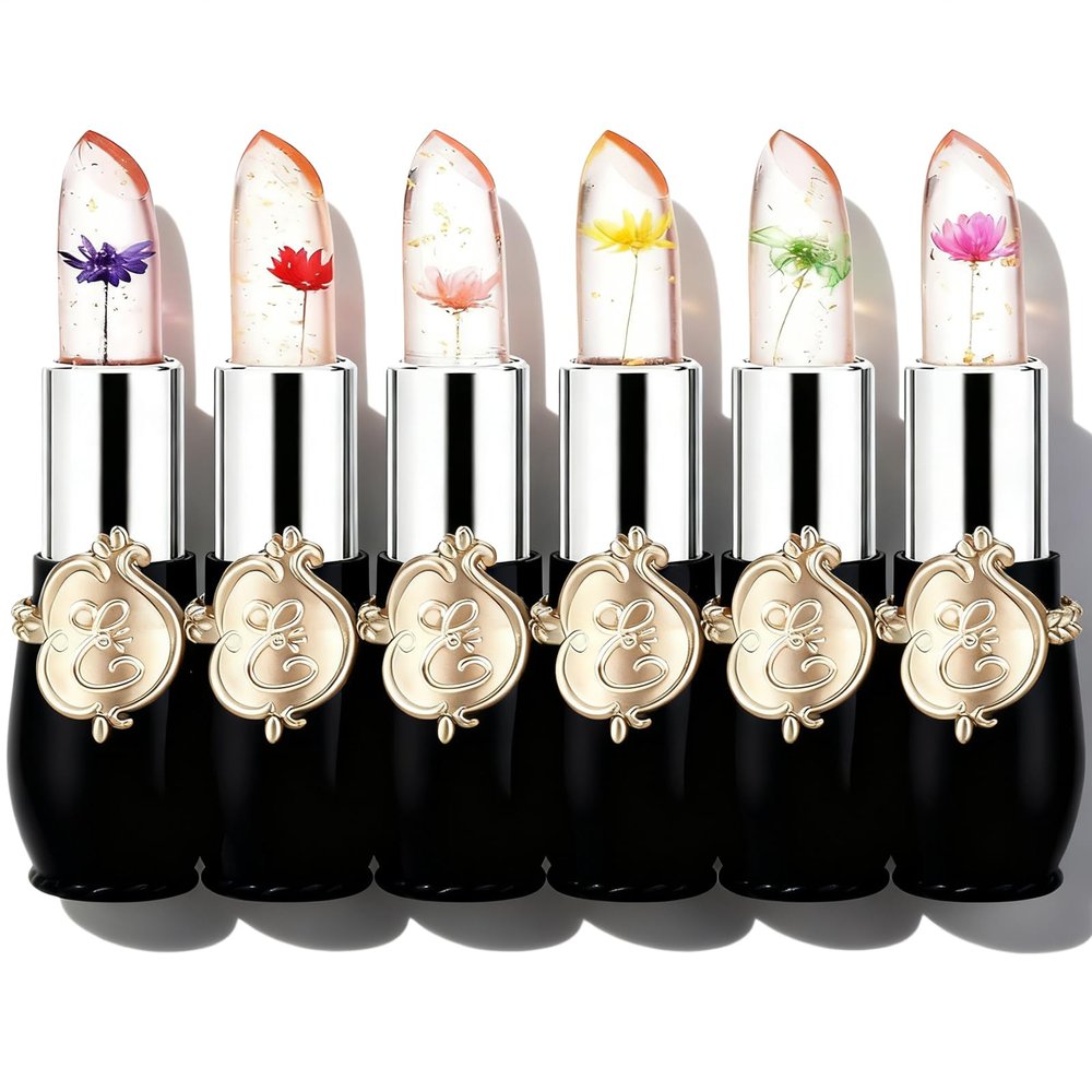 firstfly Pack of 6 Crystal Flower Jelly Lipstick, Long Lasting Nutritious Lip Balm Lips Moisturizer Magic Temperature Color Change Lip Gloss (Black)
