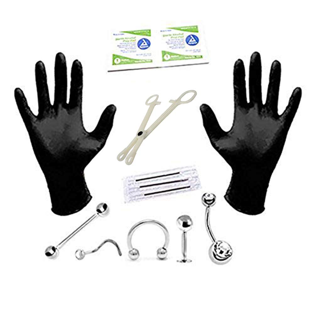 BodyJewelryOnline Professional Piercing Kit 12-Pieces for Belly Tongue Nipple Lip Nose 18G 16G 14G (Surgical Steel)