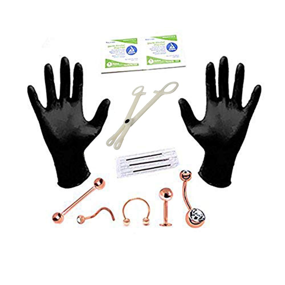 BodyJewelryOnline Professional Piercing Kit 12-Pieces for Belly Tongue Nipple Lip Nose 18G 16G 14G (Rose Gold Tone)