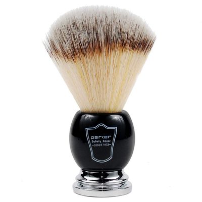 Parker Deluxe Synthetic Silvertip Shaving Brush 22mm UltraSoft Knot, Chrome & Black Handle + Acrylic Stand for Proper Drying