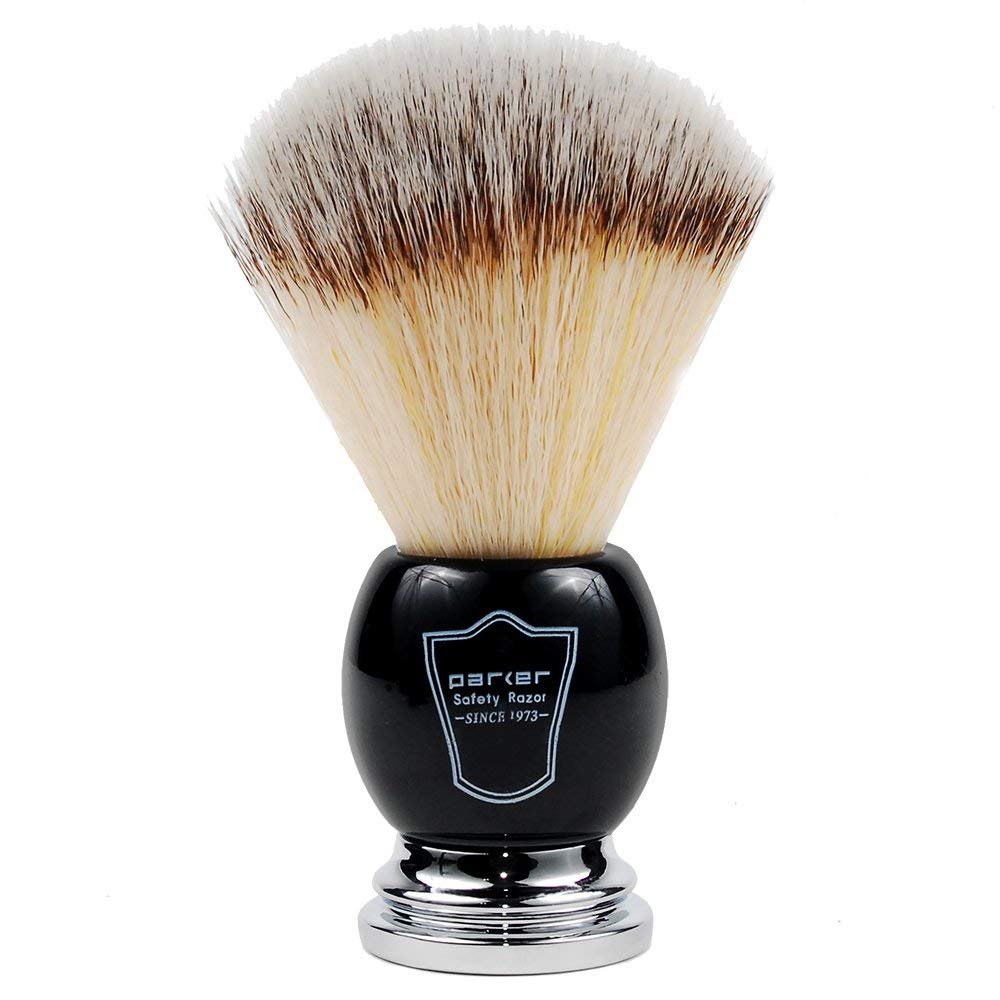 Parker Deluxe Synthetic Silvertip Shaving Brush  22mm UltraSoft Knot, Chrome & Black Handle + Acrylic Stand for Proper Drying