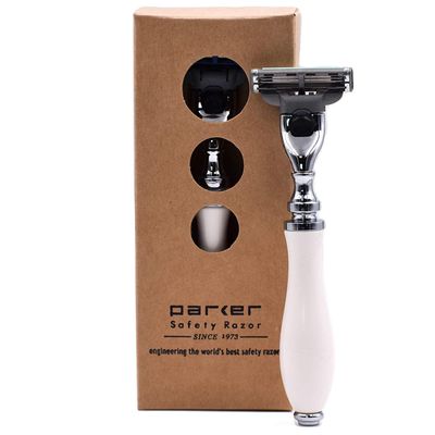 Parker Deluxe Mach 3 Razor with Triple Blades for Close Shave Premium White Resin Handle with Chrome Trim