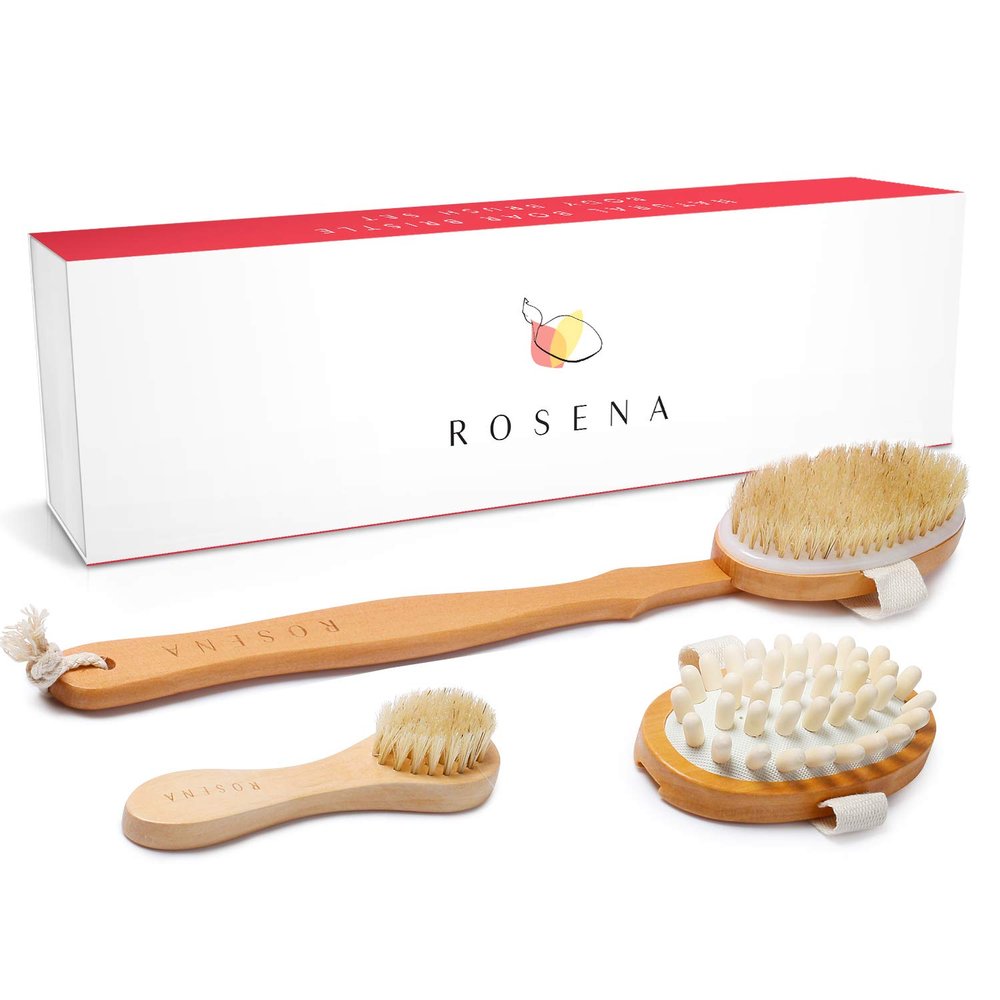 Dry Brushing Body Brush Set Natural Bristle Spa Exfoliator Kit with Face Cleansing Brush, Long Dry Brushing Body Brush for Lymphatic Drainage & Massaging Cellulite Brush for Smooth, Radiant Skin