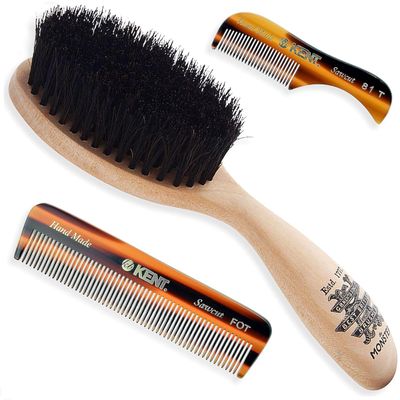 Kent Beard & Mustache Set - BRD5 Horse Hair + Nylon Bristle Brush, 81T + FOT Handmade Sawcut Combs, Pistol-Grip Wood Handle, Dry/Wet Use, Distributes Oils & Balms - Full Grooming Kit for Men