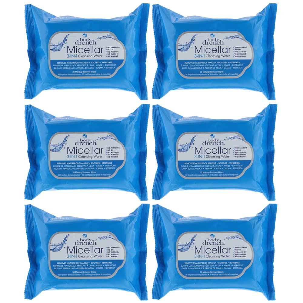 Body Drench 3-in-1 Micellar Water Makeup Remover Wipes  Removes Waterproof Makeup, Facial Cleanser, 30 Ct. (6 Pack)