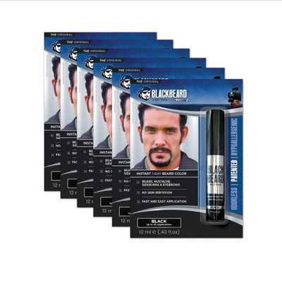 Blackbeard for Men Instant Beard Color All Day Beard, Mustache, Eyebrow, and Sideburns Color Temporary, Hypoallergenic Beard Dye Alternative Up to 45 applications Black, 6 Pack