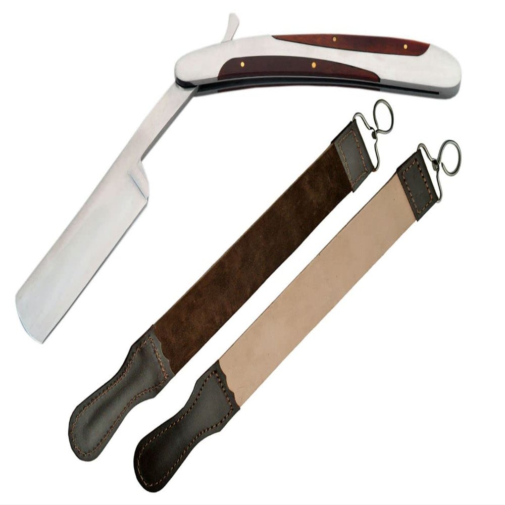 Stainless Steel & Wood Handle Razor with STROP Set