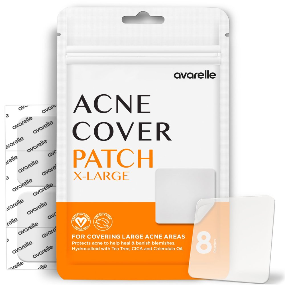 AVARELLE Acne Patches XL, Acne Cover Patch Large | Pimple Patches for Face Cheek & Nose (8 Count) | Large Hydrocolloid Acne Treatment with Tea Tree, Calendula, & Cica