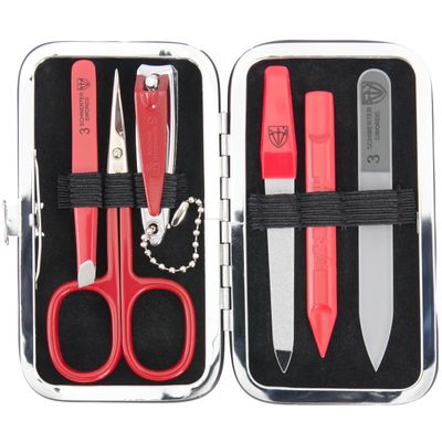 3 Swords Germany - Brand Quality 6 Piece Manicure Pedicure Grooming kit Set - Scissors, Metal and Glass Nail File, Clipper, Tweezers with Synthetic Leather case - red/red Tools