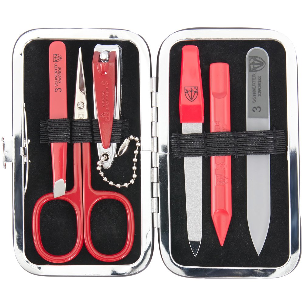3 Swords Germany - Brand Quality 6 Piece Manicure Pedicure Grooming kit Set - Scissors, Metal and Glass Nail File, Clipper, Tweezers with Synthetic Leather case - red/red Tools
