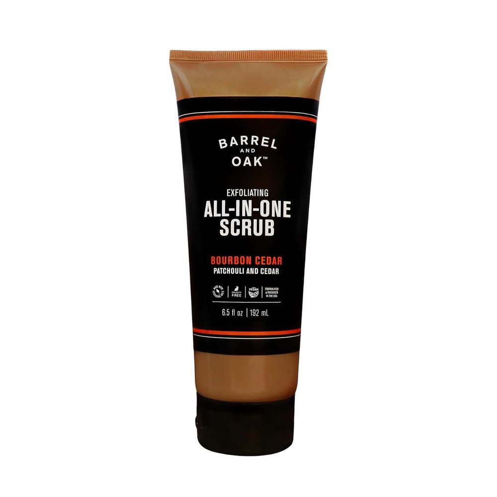 Barrel and Oak Exfoliating All-In-One Face & Body Scrub for Men, Exfoliating Body Scrub with Walnut Shell & White Birch, Vegan Beard and Face Exfoliator, Bourbon Cedar, 6.5 fl oz