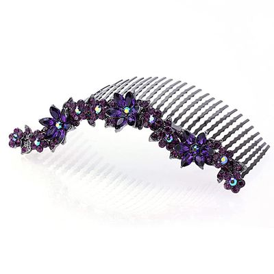 Large Decorative Hair Comb Rhinestone Crystal Flowers Bridal Hair Comb, Puple