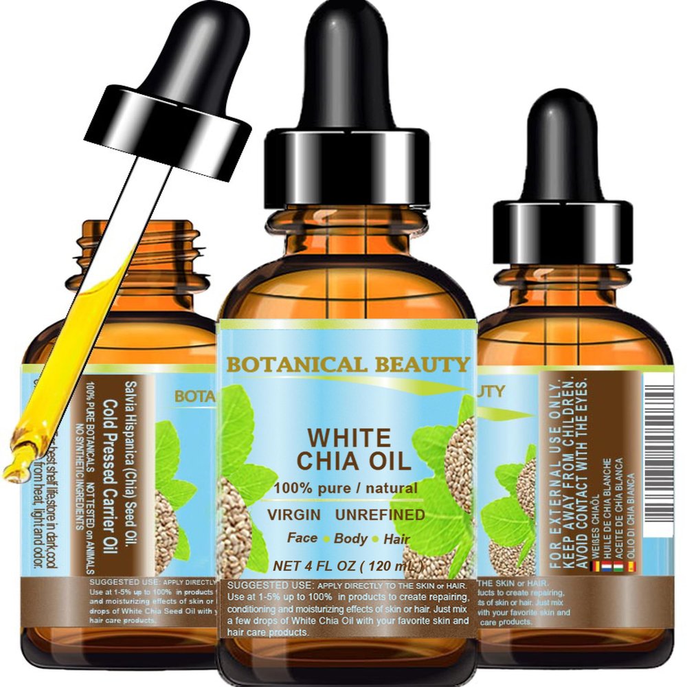 Botanical Beauty WHITE CHIA SEED OIL 100% Pure Natural Virgin Unrefined Cold-Pressed Carrier Oil 2 Fl Oz 60 ml for Face, Skin, Body, Hair, Lip, Nails. Rich in vitamin E