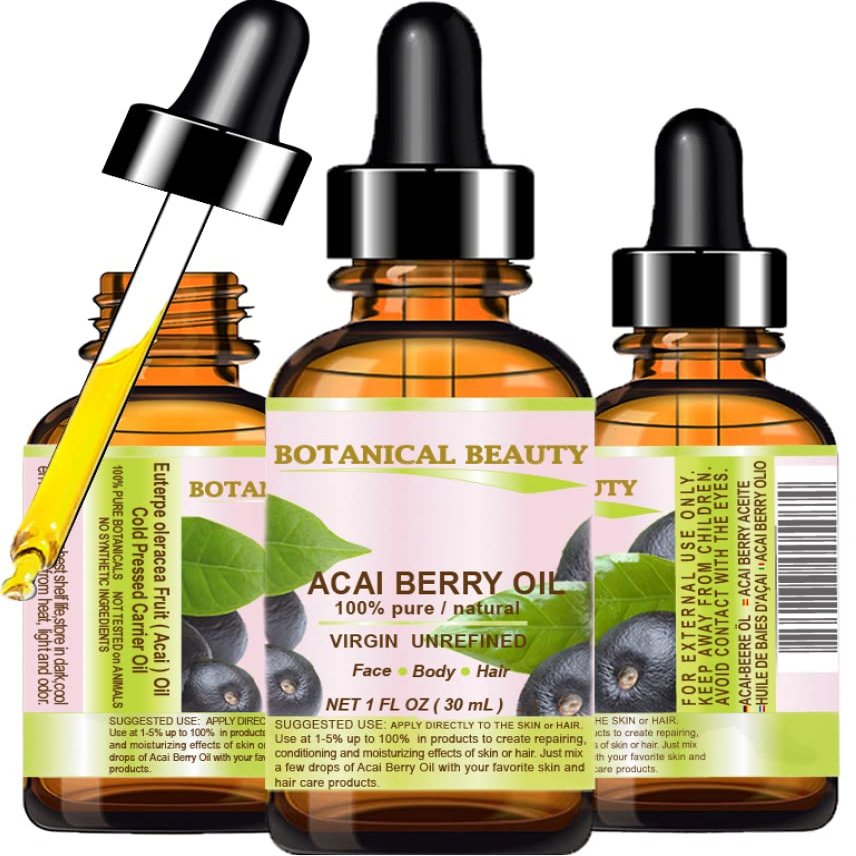 Botanical Beauty ACAI BERRY OIL 100% Pure Natural Virgin Unrefined Cold Pressed Carrier Oil. 0.5 Fl Oz 15 ml for Face, Skin, Hair, Lip, Nails. Rich in Vitamin E
