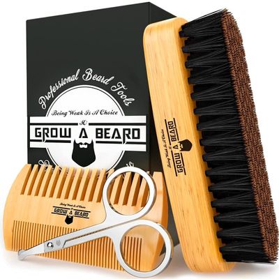 Beard Brush For Men & Beard Comb Set w/Mustache Scissors Grooming Kit, Natural Boar Bristle Brush, Dual Action Wood Comb, And Travel Bag Great Valentines Day Gifts for Him