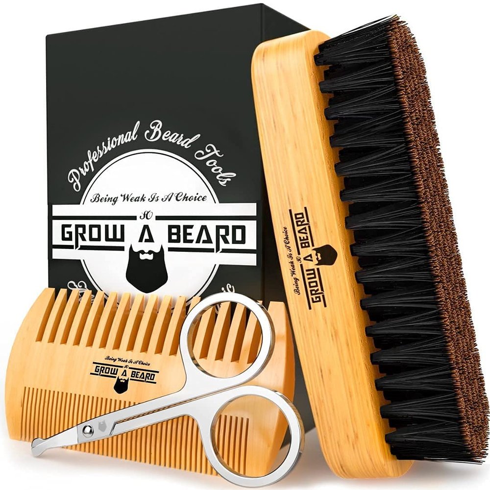 Beard Brush For Men & Beard Comb Set w/Mustache Scissors Grooming Kit, Natural Boar Bristle Brush, Dual Action Wood Comb, And Travel Bag Great Valentines Day Gifts for Him