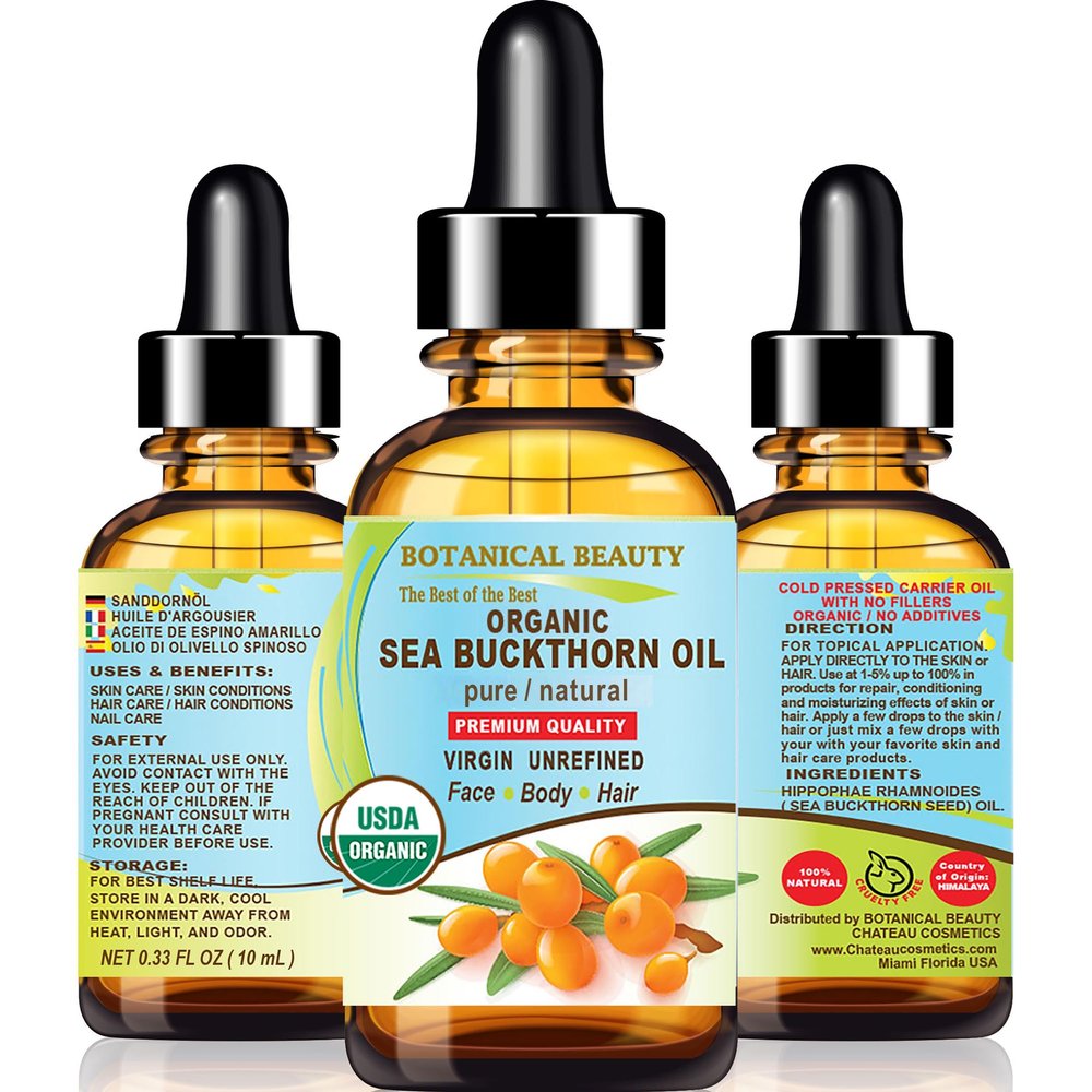 Botanical Beauty Certified Organic SEA BUCKTHORN OIL 100% Pure Natural Virgin Unrefined Cold-Pressed Carrier Oil for Face, Skin, Damaged Hair, Nails, Anti-Aging 0.33 Fl Oz - 10 ml