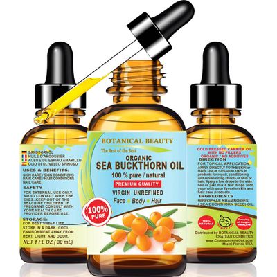 Botanical Beauty Certified Organic SEA BUCKTHORN OIL 100% Pure Natural Virgin Unrefined Cold-Pressed Carrier Oil for Face, Skin, Damaged Hair, Nails, Anti-Aging (1 Fl Oz)
