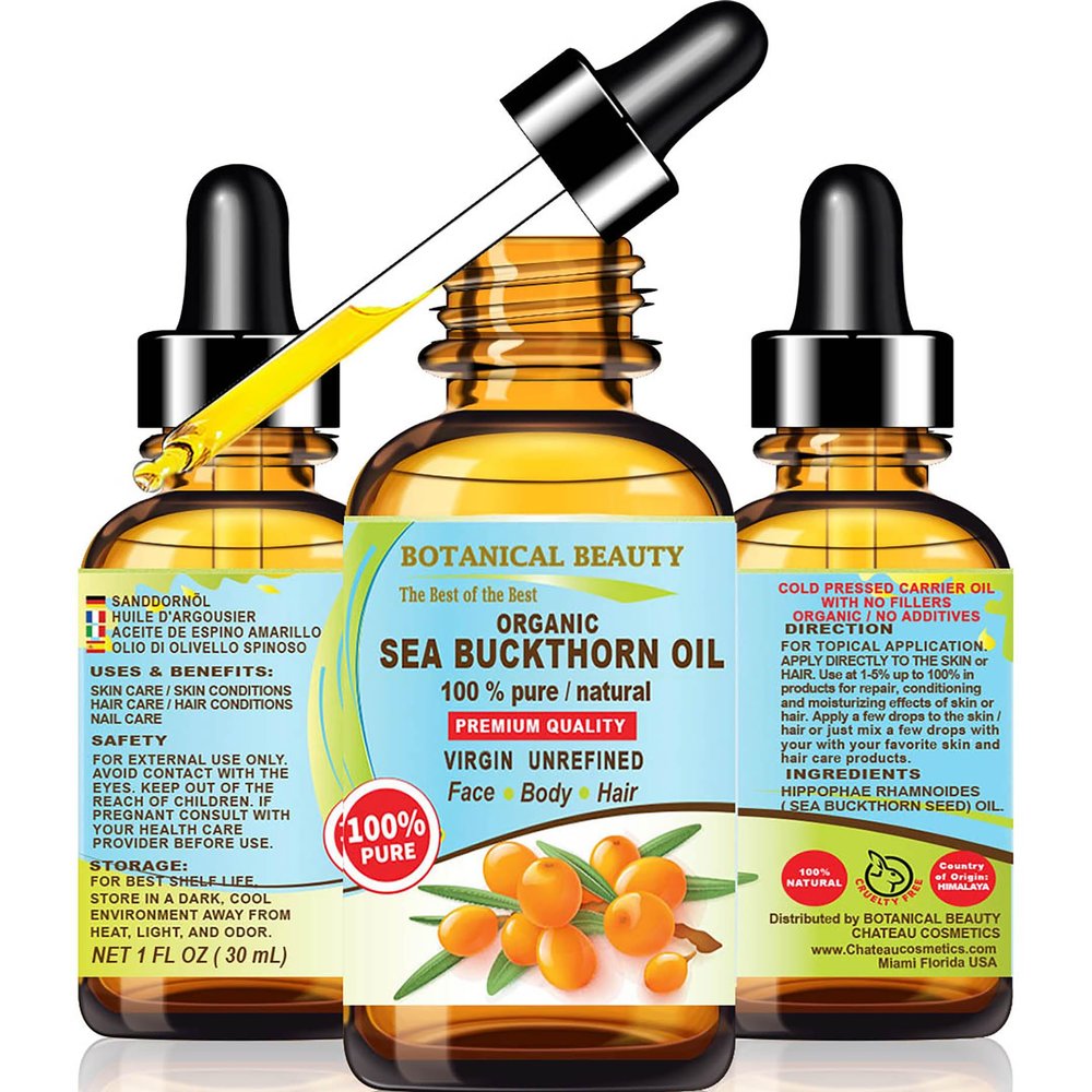 Botanical Beauty Certified Organic SEA BUCKTHORN OIL 100% Pure Natural Virgin Unrefined Cold-Pressed Carrier Oil for Face, Skin, Damaged Hair, Nails, Anti-Aging (1 Fl Oz)