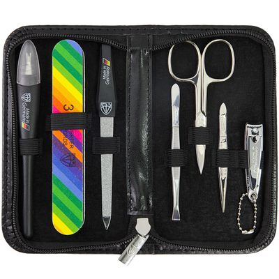 3 Swords Germany - Brand Quality 7-Piece Manicure kit with Rainbow Nail Buffer and Many More Tools in Black Artificial Leather case