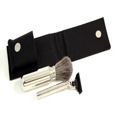 Bey-Berk Adam Travel Shaving Set, 2-Piece Razor and Pure Badger Brush with Black Canvas Case, Chrome Plated, Compatible with Mach 3 Blades, Mens Portable Shaving Kit