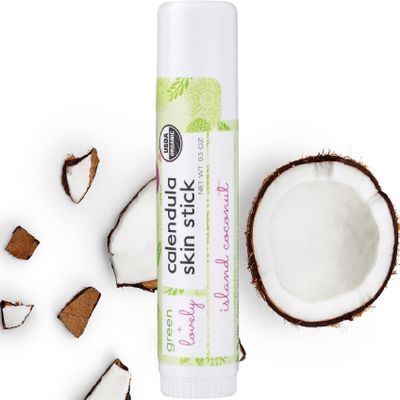 Green + Lovely Calendula Skin Stick Organic Lotion Sticks Moisturizing Balm Ointment Salve Multipurpose Hand Cream Body Bar, 0.5 oz., Island Coconut (2 Tube Set)