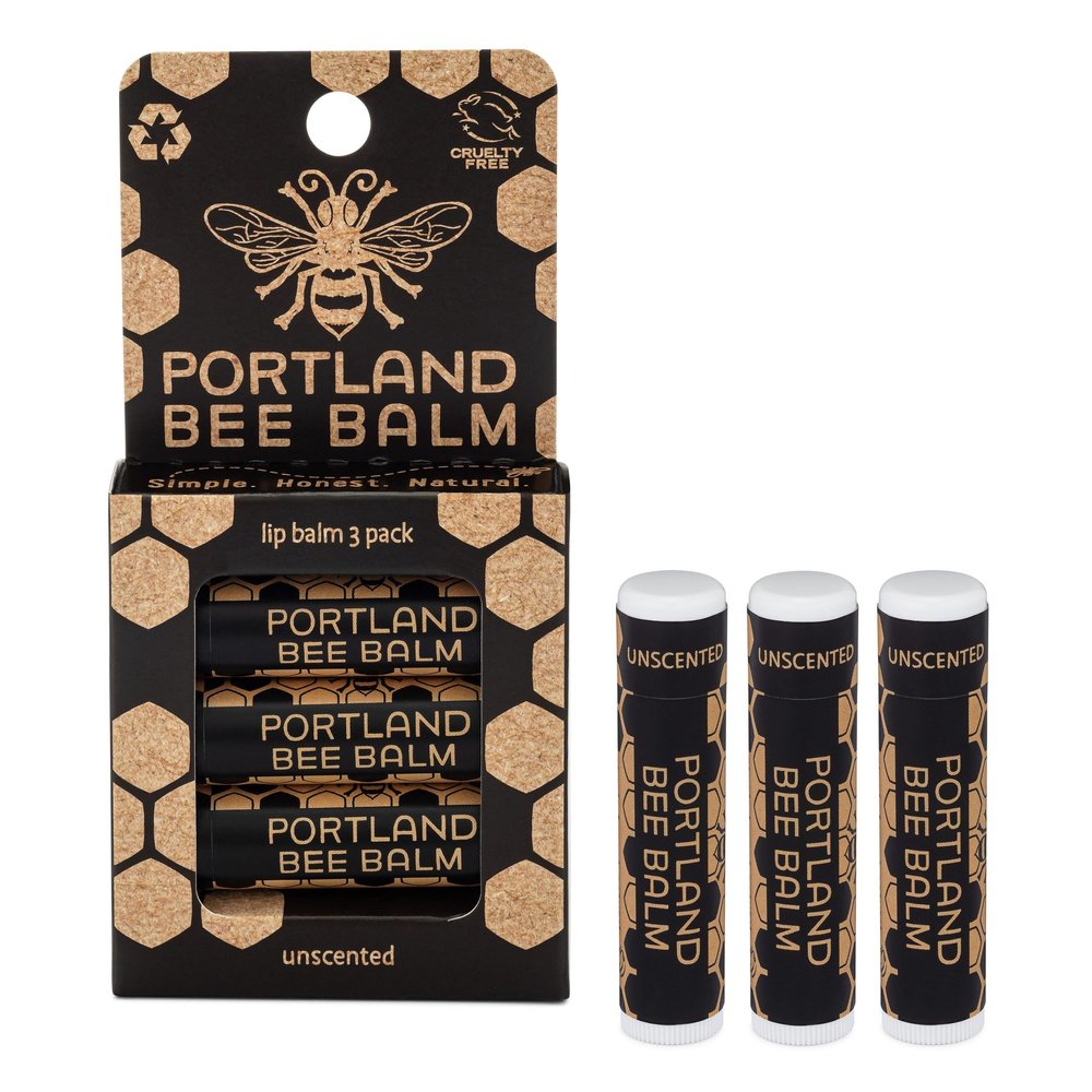 Portland Bee Balm All Natural Handmade Beeswax Based Lip Balm, Unscented 3 Count