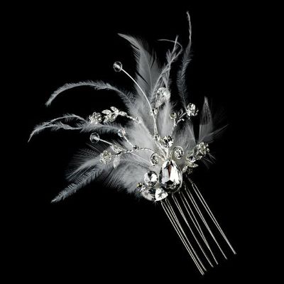 Amabel Gorgeous Rhinestone Dazzle Feather Wedding Bridal Hair Comb - White