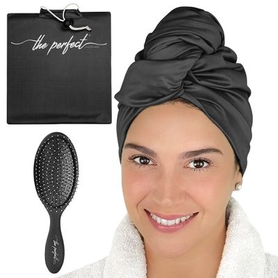 THE PERFECT HAIRCARE Microfiber Curly Hair Towel Wrap with Wet/Dry Brush - Fast Drying and Gentle Detangling for Women, Girls, Kids, Children - Great for Travel, Gifts and Hair Extensions