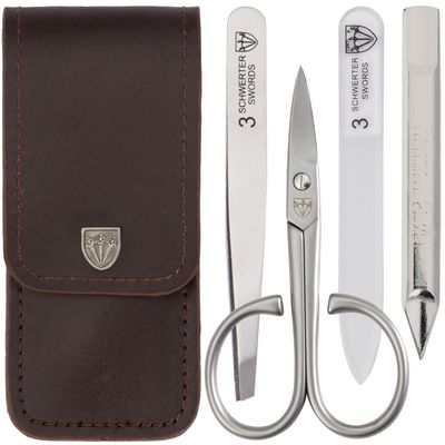 3 Swords Germany - brand quality 3 piece stainless steel INOX manicure pedicure grooming kit set for professional finger & toe nail care scissors file tweezers genuine leather case in gift box (03874)
