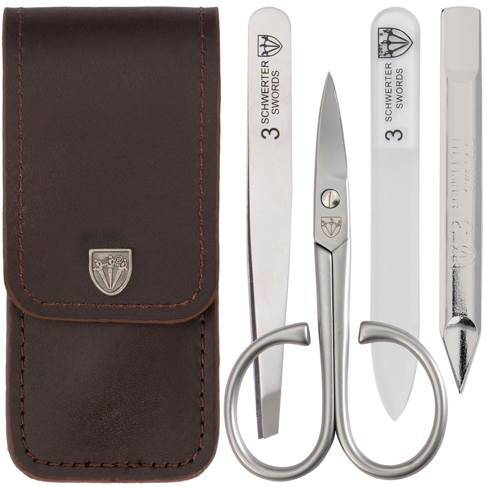 3 Swords Germany - brand quality 3 piece stainless steel INOX manicure pedicure grooming kit set for professional finger & toe nail care scissors file tweezers genuine leather case in gift box (03874)