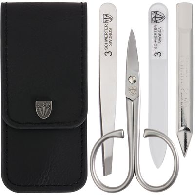 3 Swords Germany - brand quality 3 piece stainless steel INOX manicure pedicure grooming kit set for professional finger & toe nail care scissors file tweezers genuine leather case in gift box (03881)