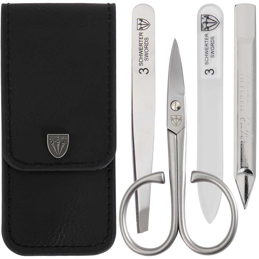 3 Swords Germany - brand quality 3 piece stainless steel INOX manicure pedicure grooming kit set for professional finger & toe nail care scissors file tweezers genuine leather case in gift box (03881)