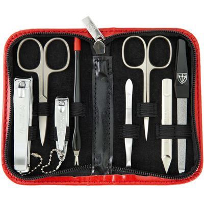 3 Swords Germany  brand quality 8 piece manicure pedicure grooming kit set for professional nail care with synthetic leather case red - Made in Germany